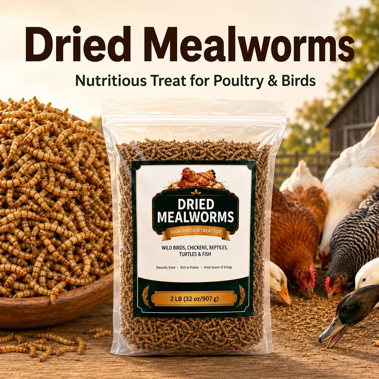 2 LB Dried Mealworms for Chickens, Ducks, Wild Birds, Reptiles, Turtles & Fish, High-Protein Animal Treat in Resealable Bag, Easy-to-Feed Poultry and Bird Snack