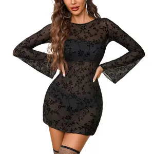 Avidlove Women's Mesh Dress Backless Bell Sleeve Party Clubwear Mini Bodycon Dresses