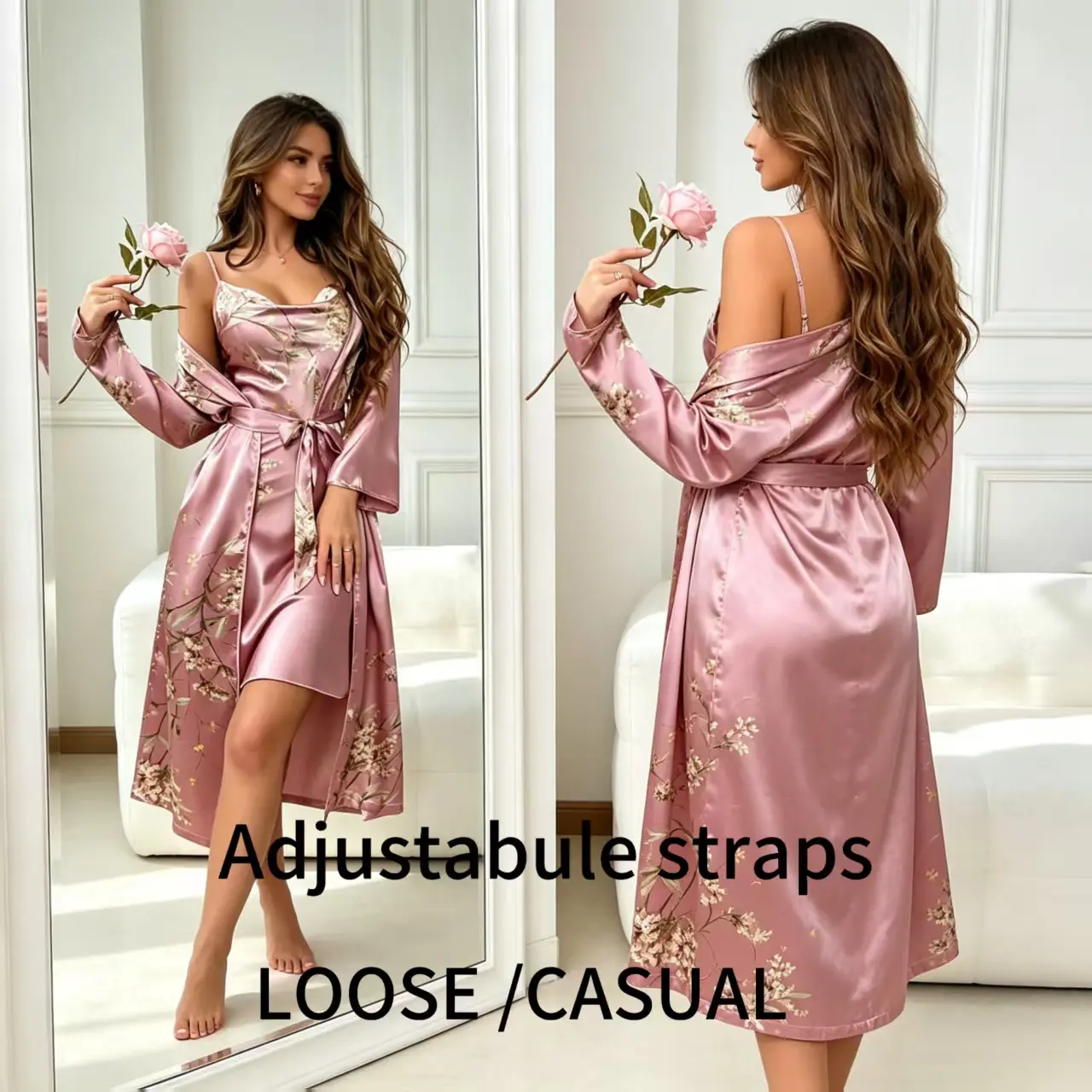 2PCS women’s printed pajama set, [outer robe + long camisole], satin fabric with belt design; women’s sleepwear/homewear sets including robes, bathrobes, and women’s pajama dress sets Fashion Loungewear Womenswear