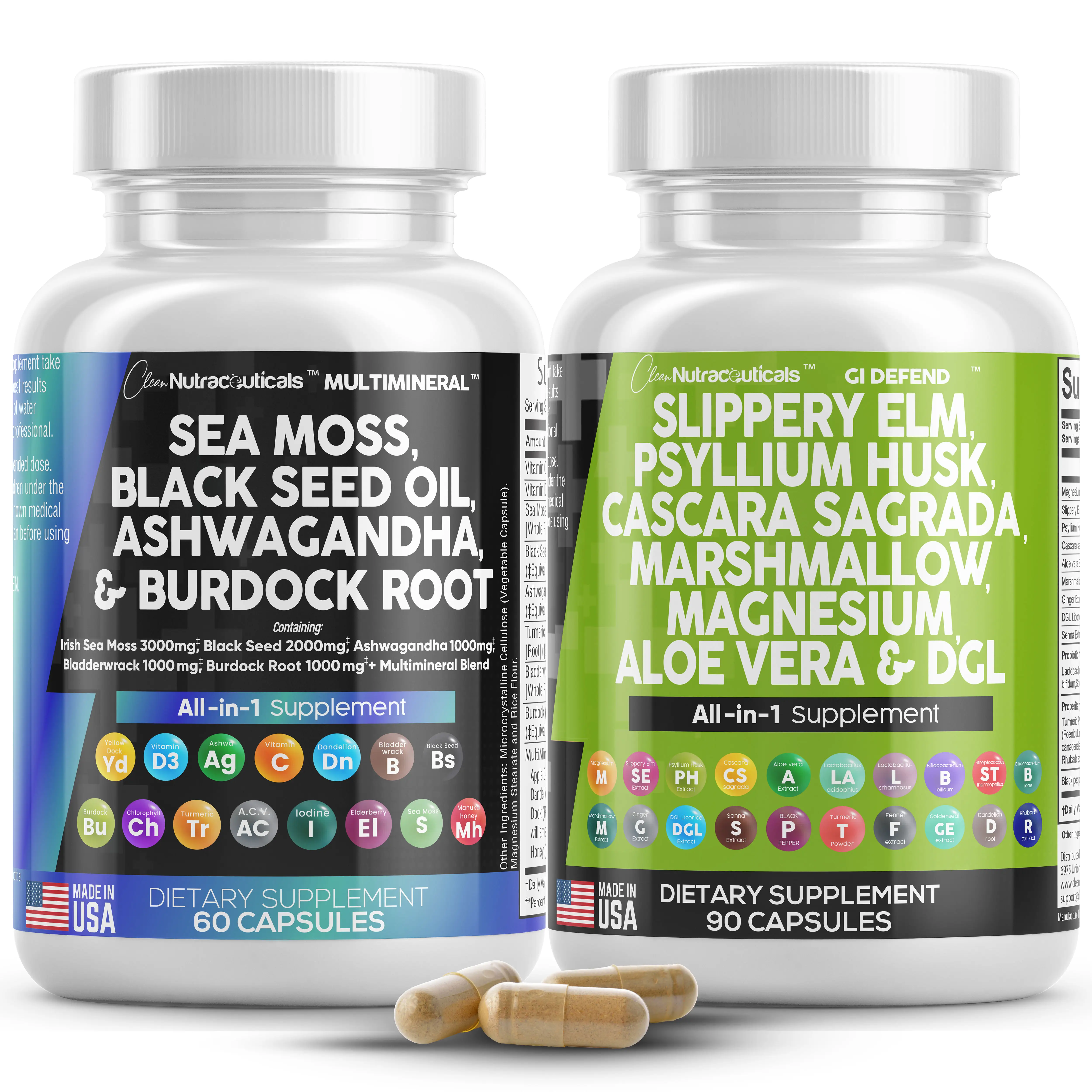 Clean Sea Moss + 15 Days Cleanse Bundle with Black Seed Oil, Slippery Elm Psyllium Husk Probiotic Fiber Prebiotics and More