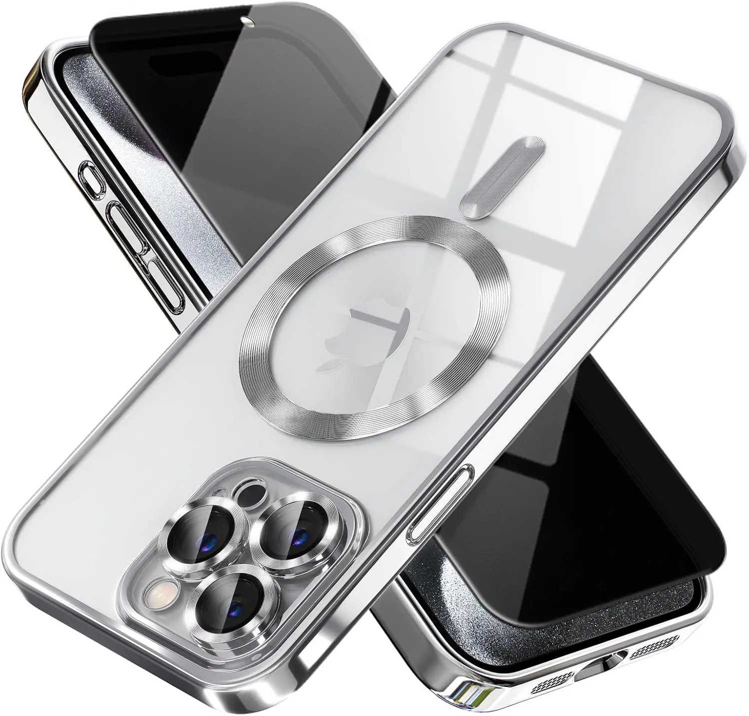 Magnetic for iPhone 14 Pro Case with Privacy Screen Protector & Full Camera Cover,[Non-Yellowing] Shockproof Clear Soft Phone Case Compatible with MagSafe Women Girls for iPhone 14 Pro,Silver