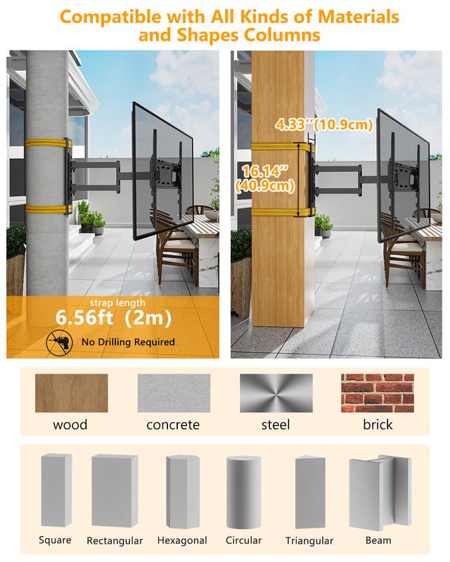 Gazebo Drill-Free Weatherproof Outdoor TV Wall Mount 180° Rotating Screen 88-Pound Capacity Suitable for 26-65" TVs Horizontal & Vertical Switchable