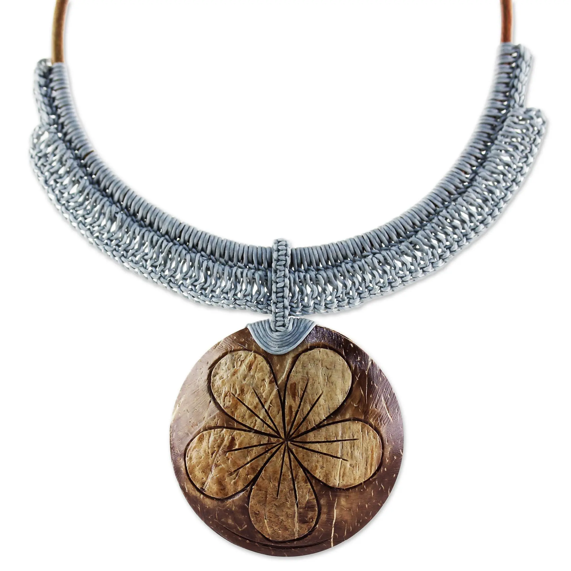 Novica Handmade .925 Sterling Silver Coconut Shell Leather Flower Pendant Necklace Grey Floral Statement Thailand Rustic 'Rustic Frangipani In Grey'