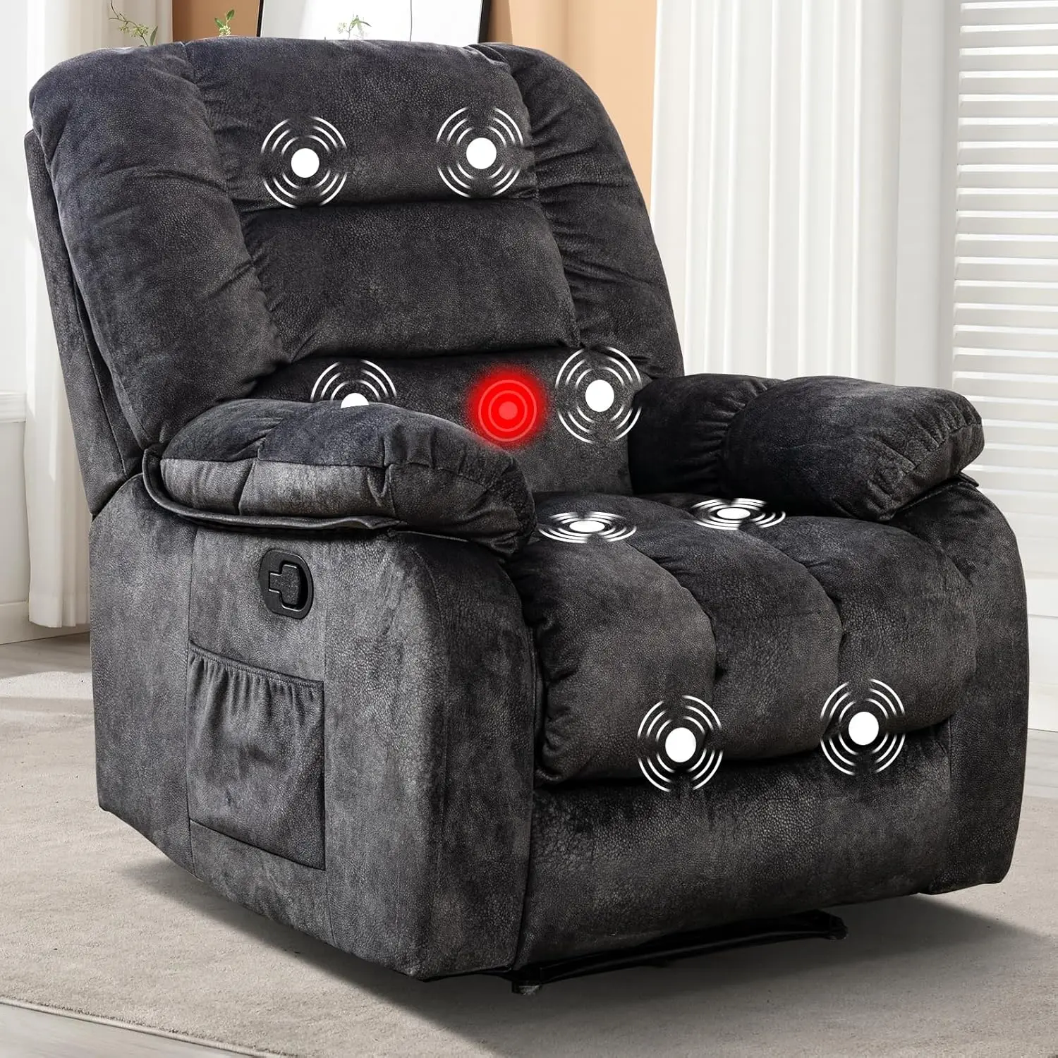 EBELLO High-Quality Plush Cushioned Extra Thick Stain-Resistant Overstuffed Massage Reclining Chair - Soft Fabric Manual Recliner with Heat, Vibration, Side Pocket for Living Room Relaxation, Black
