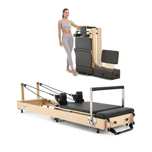VEVOR Foldable Pilates Reformer, Wooden Pilates Workout Machine for Home Gym Studio Use, Pilates Bed with Dual Resistance- Spring Cord, Reformer Set with Sitting Box, Up to 400 LBS