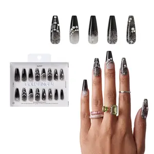 Gold Finger Glitzy 3D Press-On Nails in Boss Lady – X-Long Coffin Fake Nails, Black Lace with Pearls & Rhinestones, Luxury Glue On Nails, 28 Pc Kit