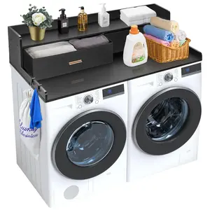 VEVOR 2 Drawers Washer Dryer Countertop with 2-Tier Shelf, 54" x 27" Wooden Washer and Dryer Countertop with Non-Slip Pads, Water-Resistant Laundry Topper for Laundry Room Organization, Black
