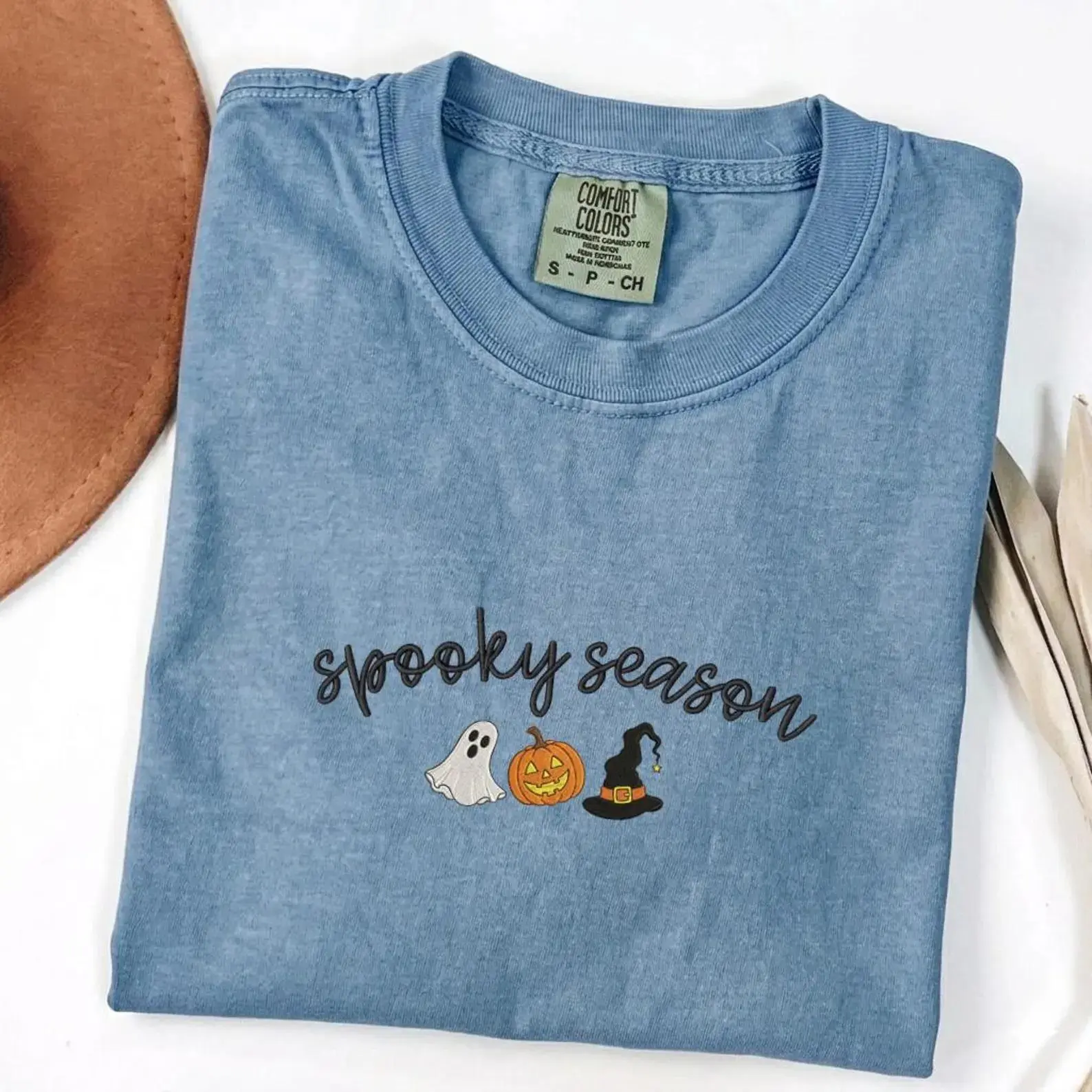 [MADE IN US]Spooky Season Embroidered Shirt, Halloween Comfort Colors Tee, Cute Ghost Pumpkin Witch Shirt, Fall Embroidered T Shirt, Cozy Autumn Gift