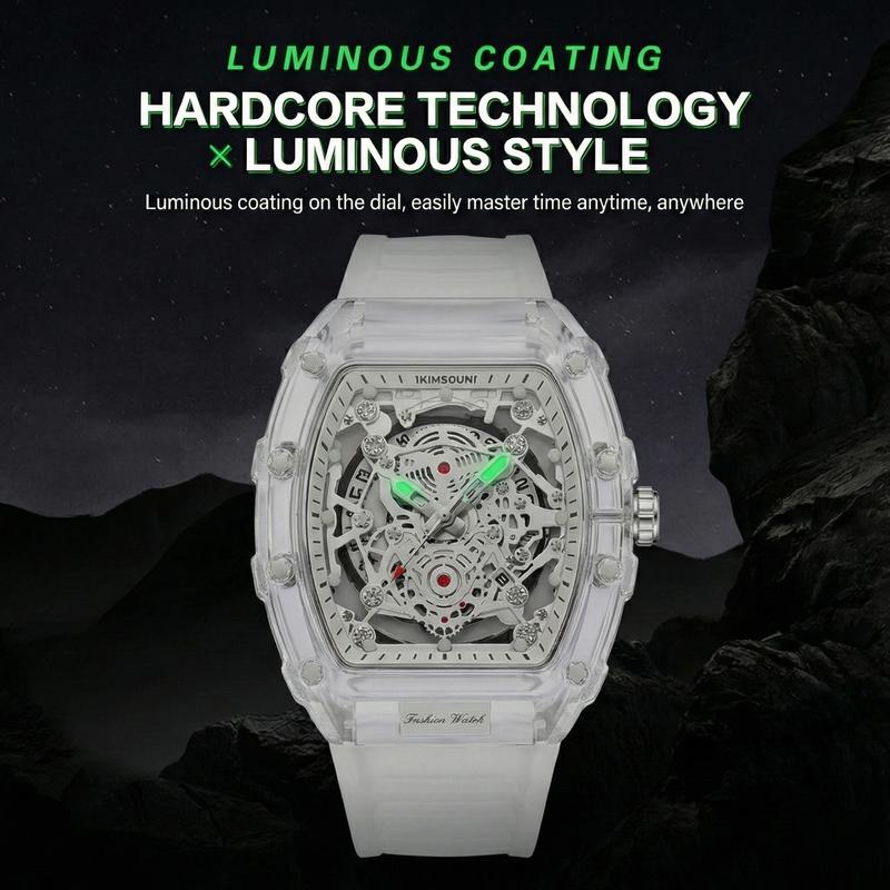 Men's Luxury Transparent Waterproof Barrel-Shaped Tonneau Skeleton Quartz Watch with Calendar Display & Luminous Markers Water Resistant Wristwatch for Daily Party & Outdoor Use Great Birthday Gift Idea with Tin Box Included Men's Luxury Transparent Waterproof Barrel-Shaped Tonneau Skeleton Quartz Watch with Calendar Display & Luminous Markers Water Resistant Wristwatch for Daily Party & Outdoor Use Great Birthday Gift Idea with Tin Box Included