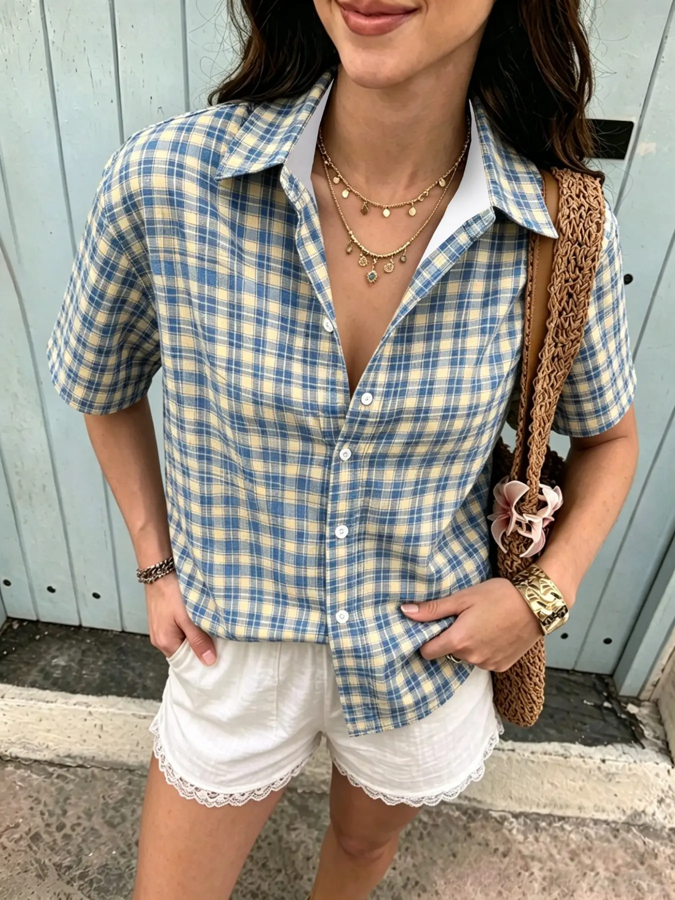 Women's Loose Plaid Short Sleeve Shirt, Fashionable Chic Casual Top, Casual Button Up, Summer Button-Down Blouse, Multiple Colors Available