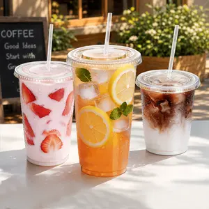 Fit Meal Prep 16/20/24 oz Iced Coffee Cups with Lids & Straws (50/100 Sets) - Clear Disposable PET Cups for Boba, Smoothies & Cold Drinks, Business, Disposable Cups