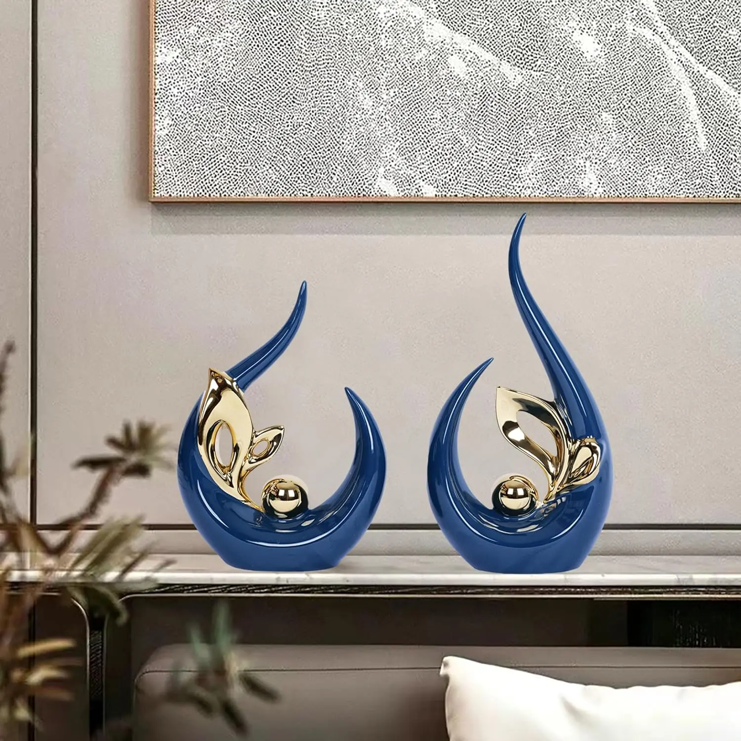 2 count Navy Blue Home Decor Blue and  Decor Mid Century Modern Decor Blue Living Room Decor Ceramic Statue Sculpture Table Decorations Blue Centerpieces for Tables Kitchen Coffee Table Dining Decor