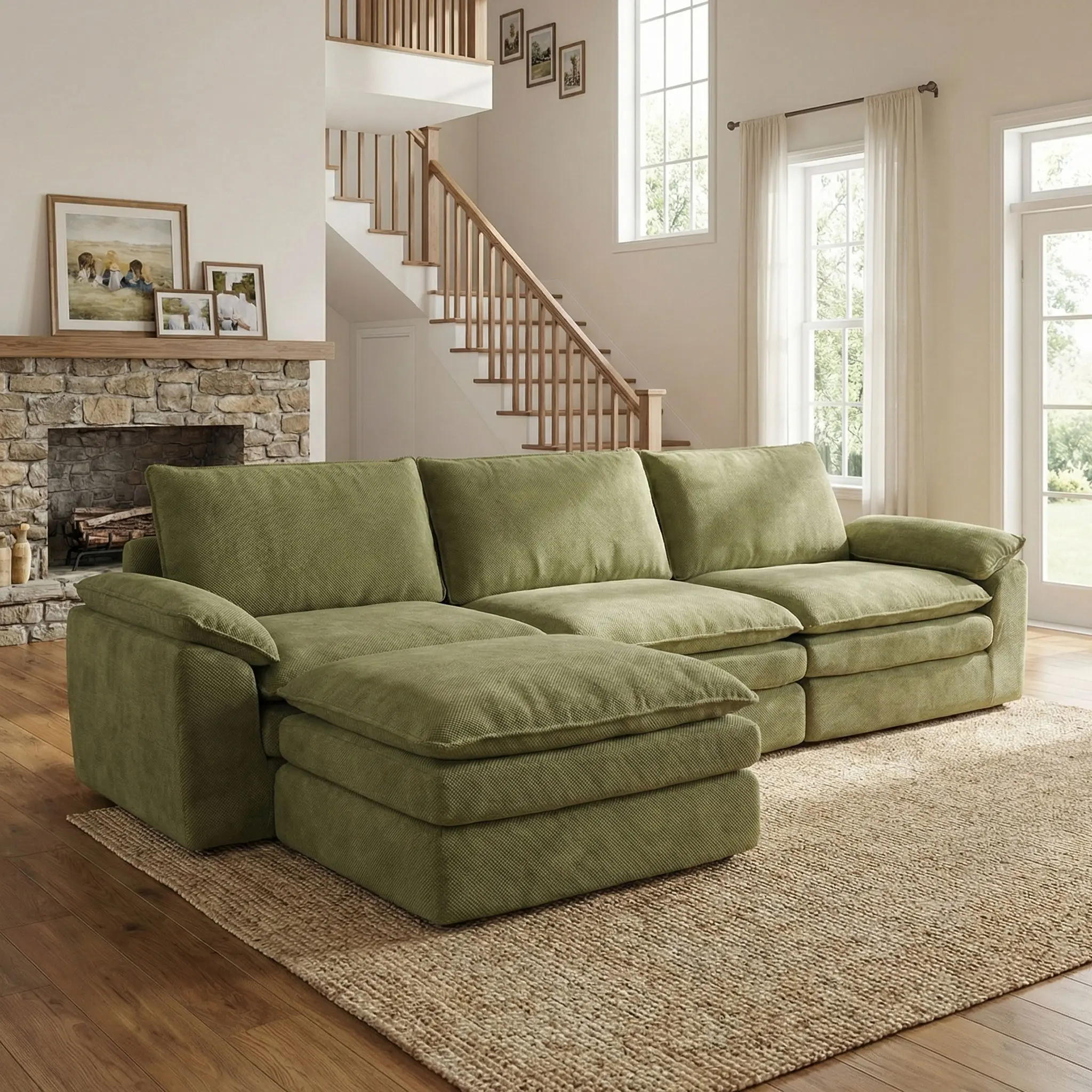 DealsforYoudays 108" U/L-Shaped Modular Sectional Couch Bed, Classic Chenille 5-Seater with 2 Ottomans, Cushioned Seats, Fixed Arms, Pillows, Sectional Couches for Living Room Indoor Furniture