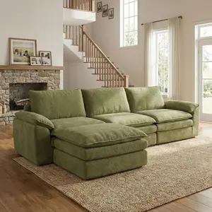 QIMENG 108" U/L-Shaped Modular Sectional Sofa Bed, Classic Chenille 5-Seater with 2 Ottomans, Cushioned Seats, Fixed Arms, Pillows, Living Room Furniture, Couch For Living Room