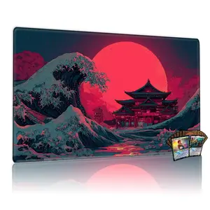 TCG, MTG, CCG RPG trading card game MATS, crimson sky & ancient temple design, massive teal wave, lunar glow, anti-slip, washable, gaming mat, Gaming Mousepad, office desk accessory.