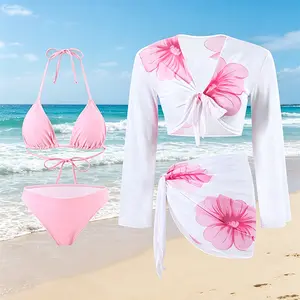 2026 Women's 3 Piece Triangle Bikini Set with Long Sleeve Floral Cover Up and Wrap Sarong, Slimming V-Neck Bathing Suit for Beach Vacation