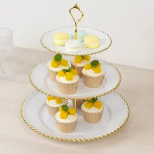 White 3-Tier Round Plastic Cupcake Tower Stand with Gold Beaded Rim, Dessert Display Tea Party Serving Platter With Top Handle - 14"