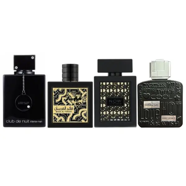 Lattafa 4-Piece Fragrance Gift Pack - RAMZ SILVER, RAVE NOW BLACK (Men), CLUB DE NUIT INTENSE (Men), QAED AL FURSAN EDP with Blueberry Notes for Everyday Use, Arabian Perfumes, Aromatic Woody Fragrance
