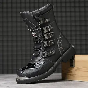 Men'S High Top British Style Boots Riding Motorcycle Winter Large Size Retro Punk Boots Walking Shoes Footwear Boy Closed Bota Lace Rubber Decor Pedal Black suedes hunter boots work boots Women