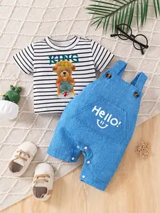 New Spring Summer Baby Boy 2 Piece Set, 🐻Striped Bear T-Shirt + Hello! Denim Overalls, Cute Infant Casual Playwear,✨ Toddler Fashion #ToddlerOutfits #SpringBaby