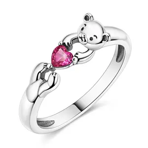 MULA S925 Silver-plated Bear Hugging Heart Ring - Valentine's Day Gift, Cute Animal Pink Zircon Promise Ring, Romantic Adjustable Jewelry, Best Gift for Girls and Women