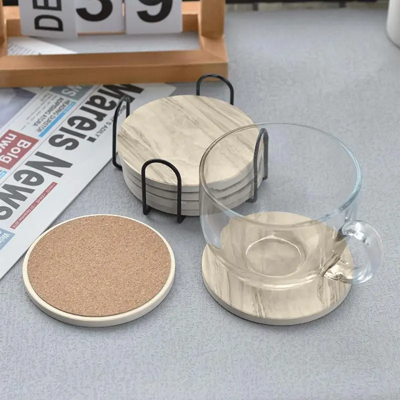 Marble Pattern Ceramic Coasters Set, BPA-Free Absorbent Heat-Resistant Design, Round Shape for Modern Home Decor & Daily Use Tableware