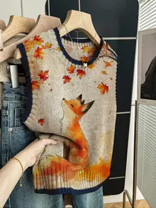 Women's Casual Loose-Fitting Round Neck Sleeveless Knit Vest Top, Deep Blue Border Cartoon Animal Print, Fall & Winter Fashion