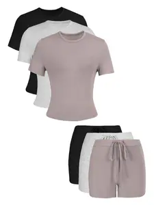 Women's Solid Color Top & Skinny Shorts Breathable Loungewear Set, Casual Comfy Short Sleeve Tee & Shorts Set, Ladies Sleepwear for All Seasons