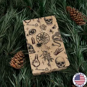 Occult Wrapping Paper, Spooky macabre gift wrap w/ arcane esoteric symbols, skulls, & magick elements. Perfect for witchy Halloween presents