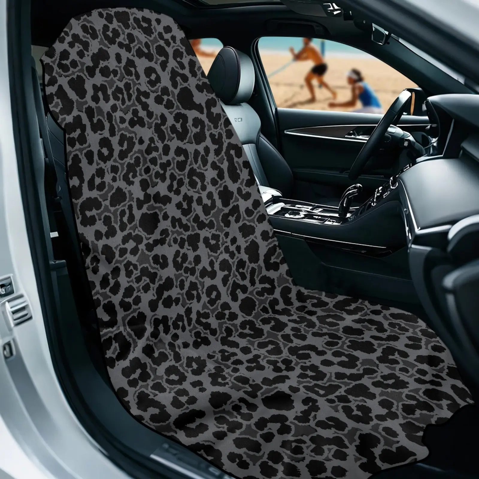 Sweat Wicking Sports Car Towel Seat Cover, Grey Leopard Print Flexible Washable Automotive Seat Cushion Protector, Non-Slip Durable Breathable Car Chair Cover for Fitness Outdoor Driving, Easy Clean Trendy Car Interior Decoration Gift