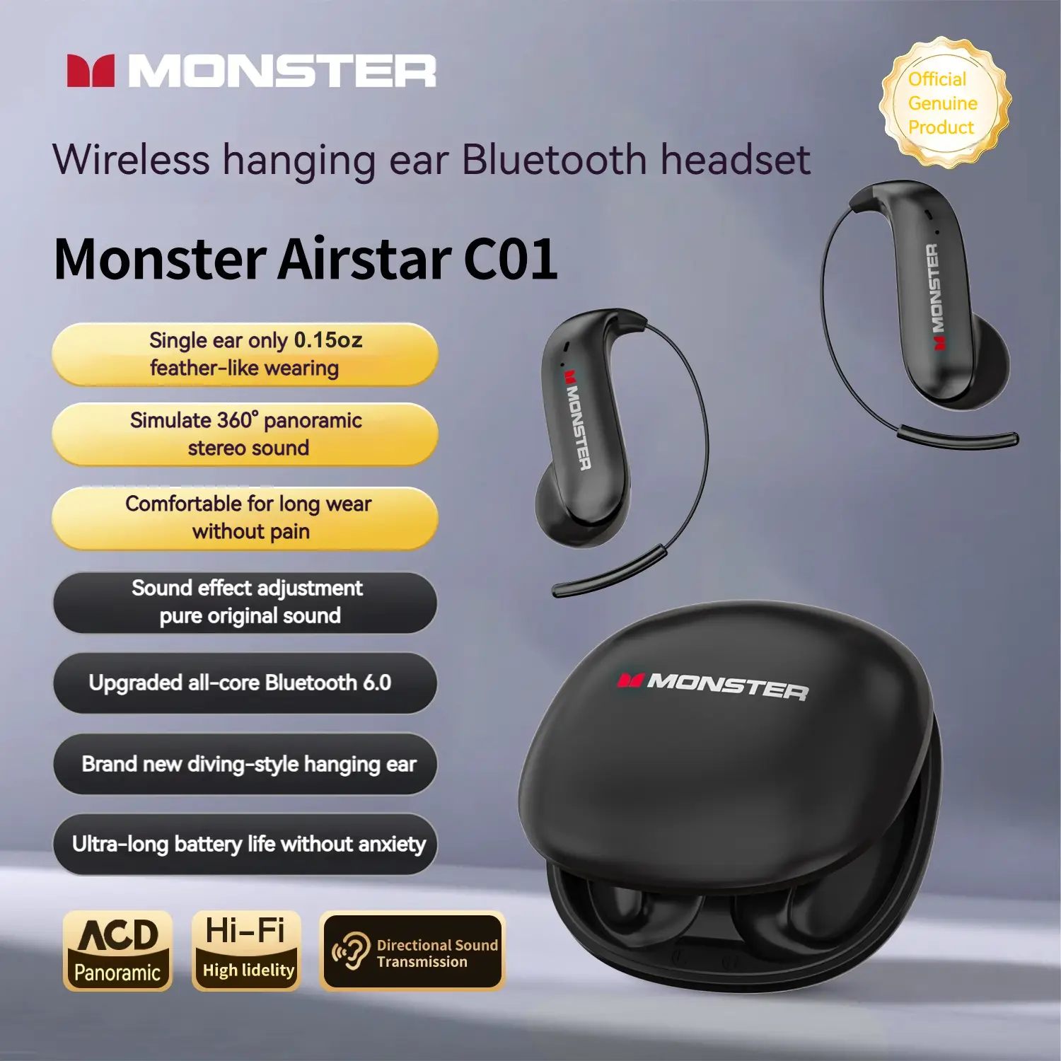 Monster Bluetooth-Compatible Earbuds with Zero‑Gravity Titanium Ear-Hook Design, Noise Cancelling Headphones, Bluetooth 6.0, 145H Playtime, Wireless H