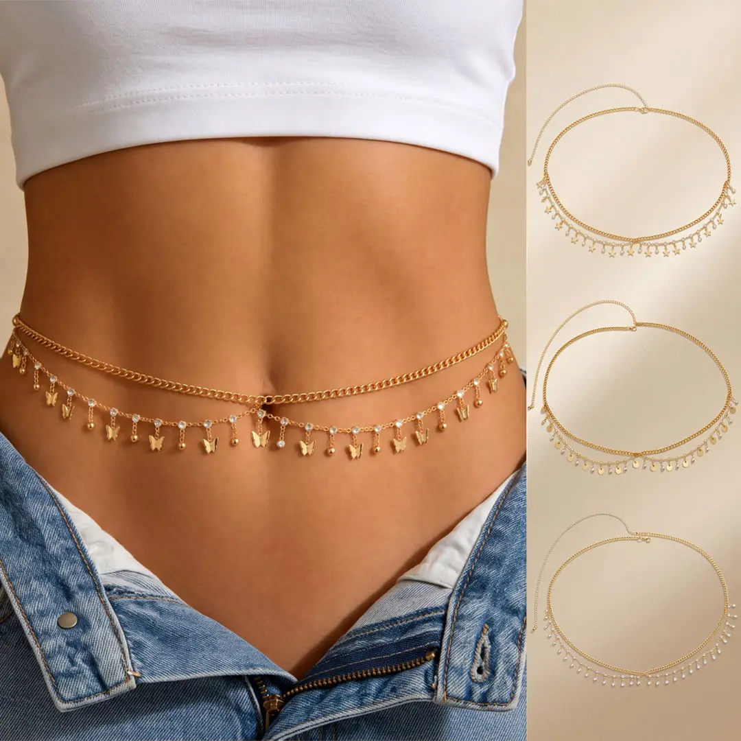 4Pcs Gold Bling Waist Chain for Women, Adjustable Boho Belly Chain Jewelry Set, Charm Body Chain with Butterfly Star Coin Drop Charms, Great for Vacation, Party & Daily Wear, Ideal Gift for Girlfriend