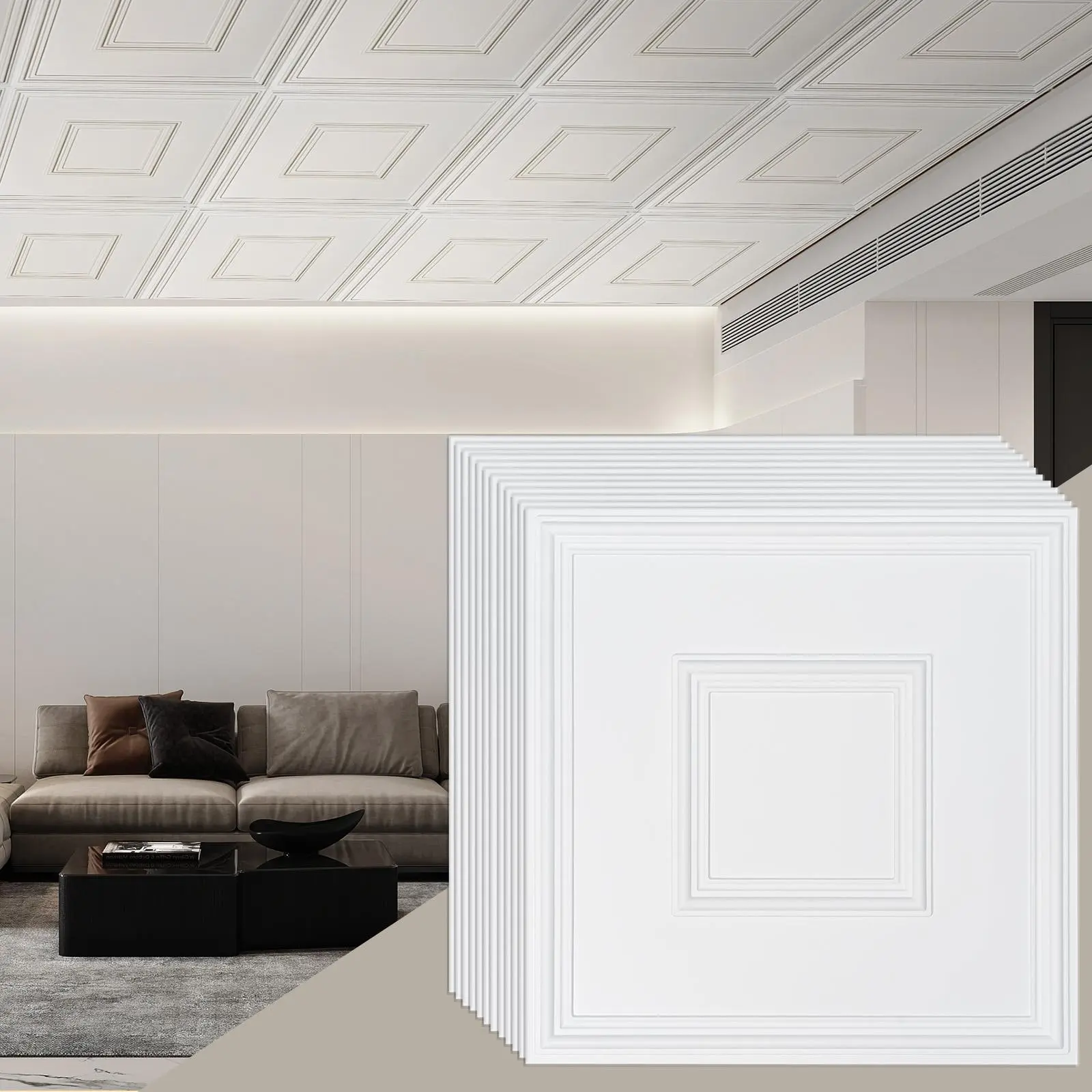 VEVOR Ceiling Tiles,  12-Pack 24 x 24 in, Drop Ceiling Tiles Premium PVC Sheet, Easy Installation/ Cutting Plastic Glue-up Ceiling Tile, Ceiling Covering for Home/Office Decoration, White Geometric#BackToSchool