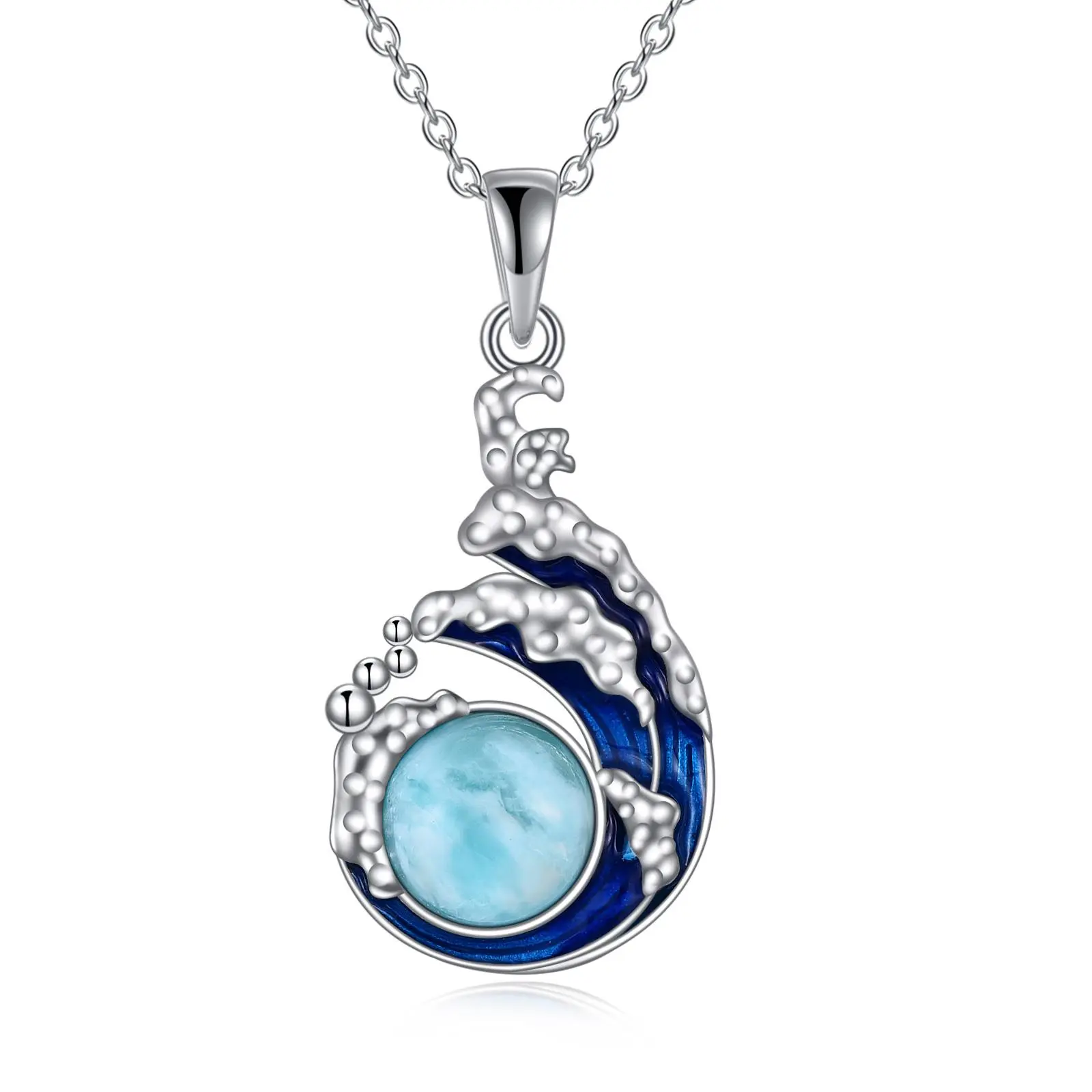 Larimar Necklace for Women 925 Sterling Silver Blue Wave Pendant Larimar Jewelry Gift Ocean Jewelry (Larimar)