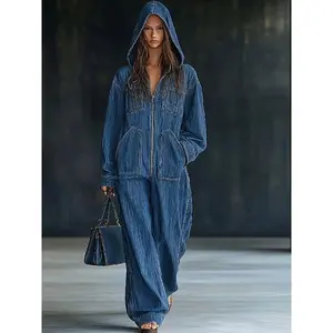 AutumnandWinterNewEuropeanandAmericanHoodedJumpsuitDenimWomen'sClothing,SpringNewAmericanHighStreetPants,LazyCasualStyle