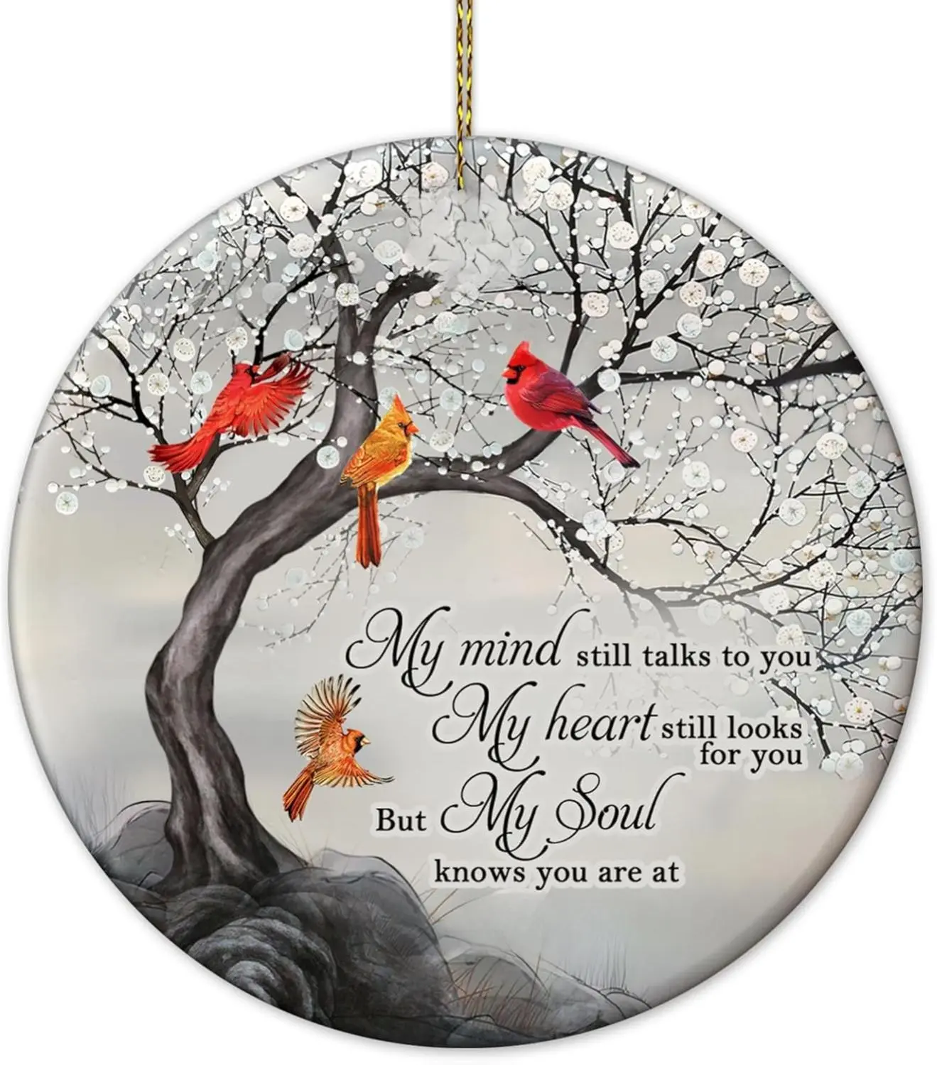 Summerwins 3in Round Cardinal Circle Ceramic Memorial Ornament - Home Supplies Christmas Tree Decoration, Celebration of Life Gift for Loss of a Loved 1, Anniversary Hanging Room Decor, 3 Inches