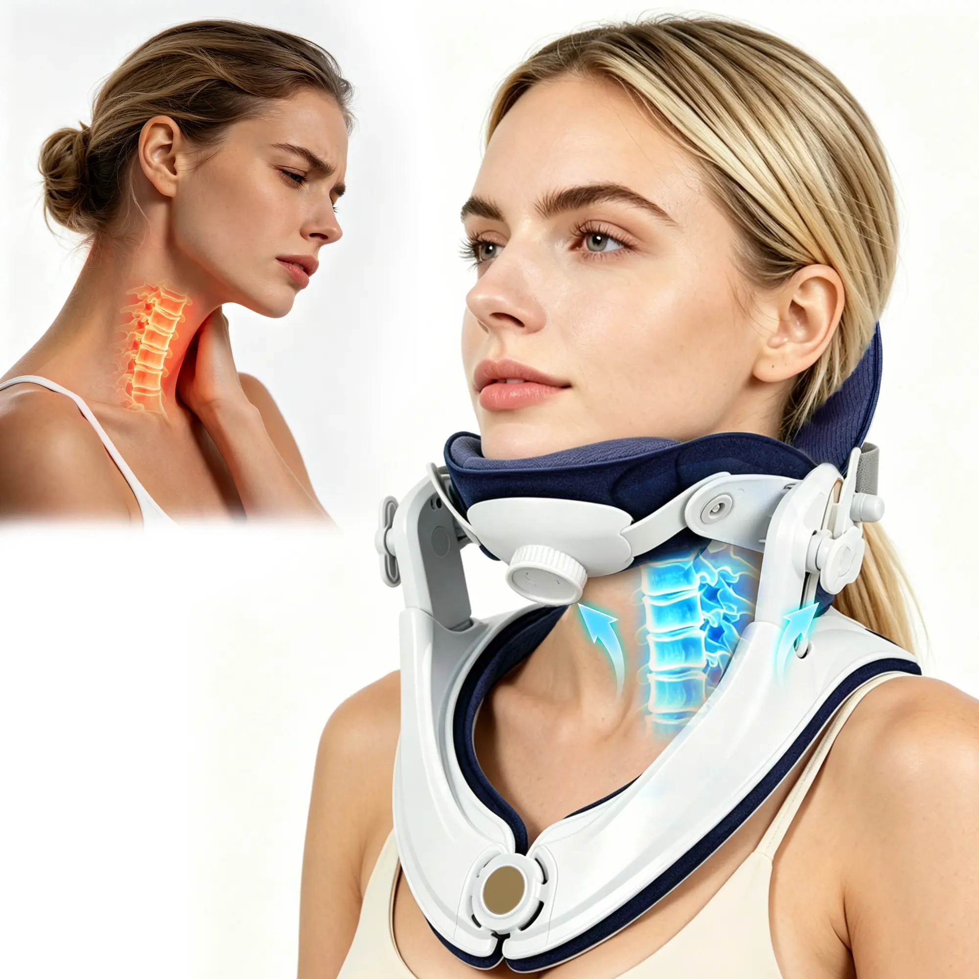 Adjustable Cervical Neck Traction Device, Ergonomic Home Neck Stretcher Collar, Portable Cervical Spine Decompression Brace for Neck Pain, Stiffness, Herniated Disc, Posture Correction, Office & Sleeping Use