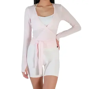 Women S Ballet Wrap Tops Solid Stylish V Neck Long Sleeve Workout T-Shirt for Yoga and Pilates Practice NONE