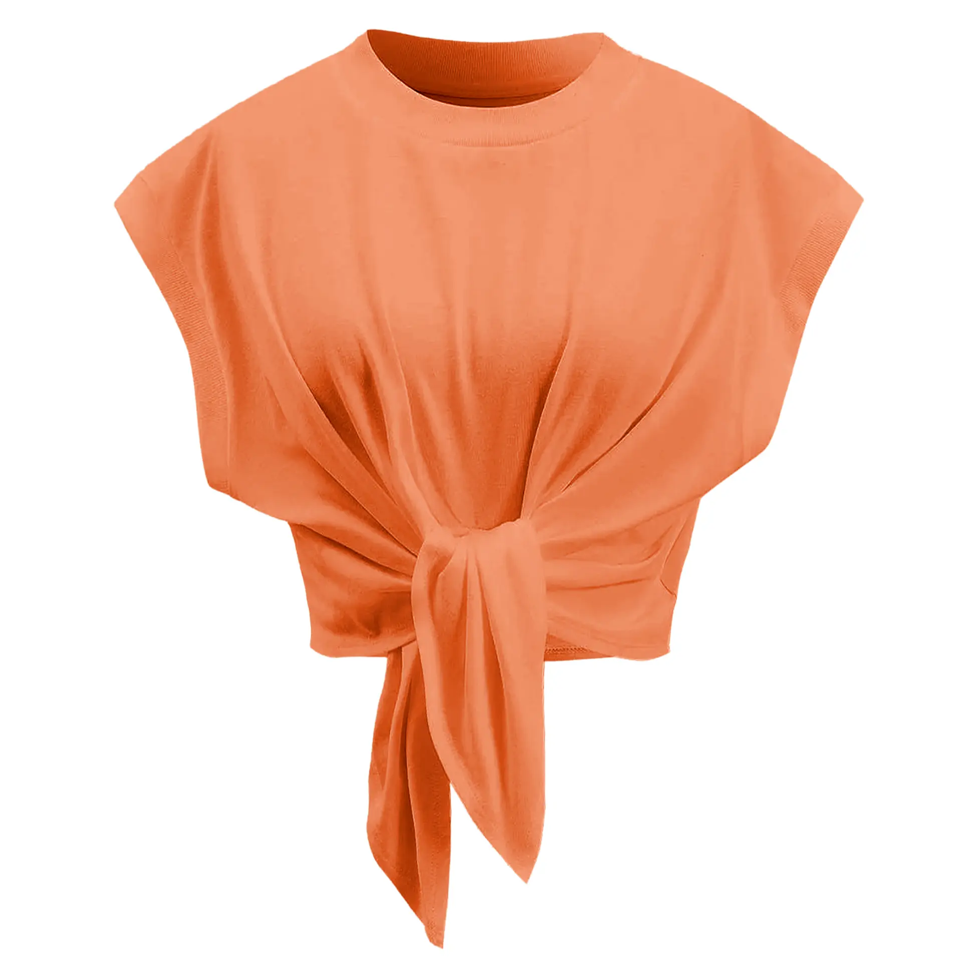 Comdify Tank Top for Women Crew Neck Cap Sleeve Tie Front Pullover Ruched T-Shirt Tops Summer Resort Crop Tee Shirts Blouse