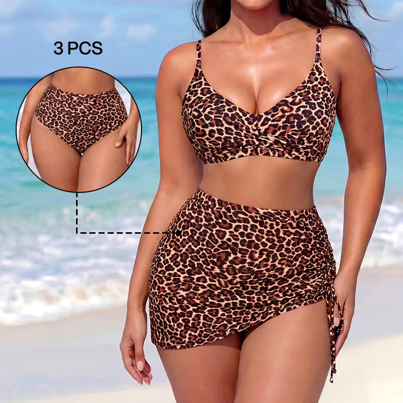 LILYLOVE Women's 3-Piece Tummy Control Swimsuit, Second Skin High-Waisted Bikini with Cross Ruched Top and Drawstring Skirt, Bikini Bottoms, Beachwear Swimsuit Set, Bathing Suits, Women's Swimsuits