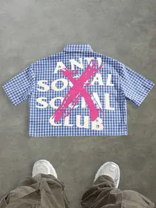 Trendy Tiktok Streetwear Short Collared Shirt, X Print Blue Plaid Sleeveless Top, Casual Fashion for Urban Life & Parties