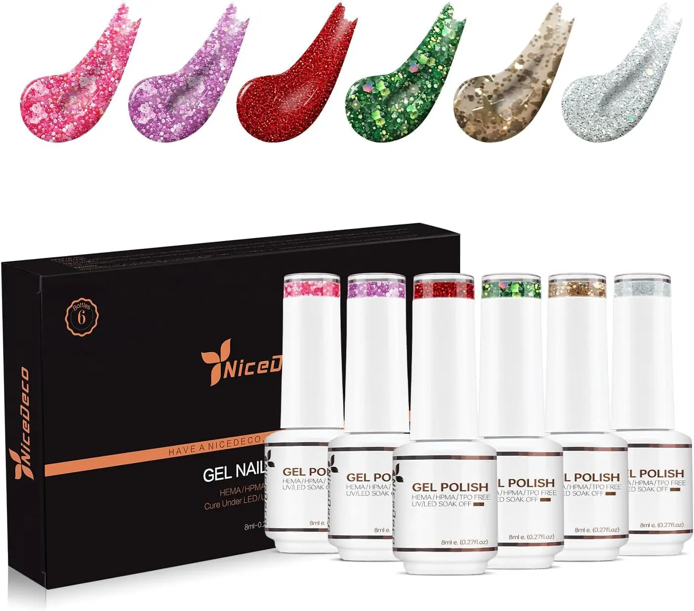 nicedeco HEMA-Free Rubber Base Gel Nail Polish Set, 6 Pack Christmas Colours, Long Lasting & Strengthening Soak-Off Formula, UV/LED Nail Care Gift Kit, Gentle, Multi-Pack