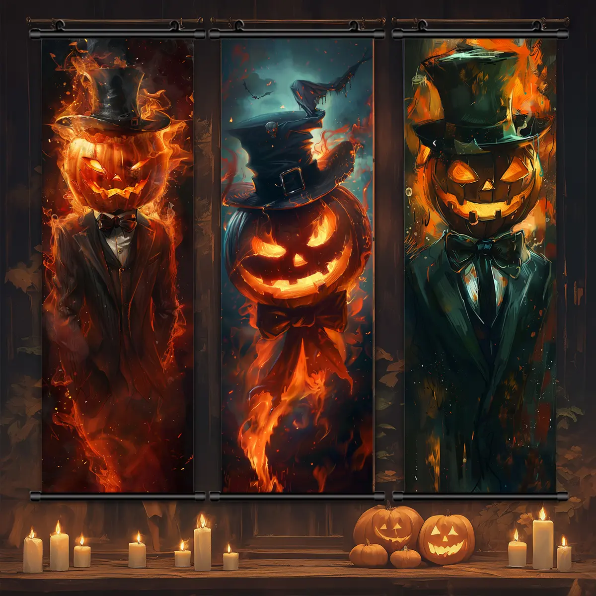 3 Counts Halloween Hanging Banner, Wall Decor Banner, Creepy Flaming Pumpkin Gentlemen, Halloween Mural And Decorative Posters, Fun Party Decorations Banners, Horror Themes, Living Room, Bedroom, Home Posters, High Definition, Waterproof, Ideal Gifts