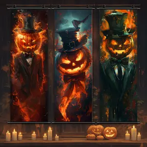 3 Counts Halloween Hanging Banner, Flaming Pumpkin Gentlemen, Halloween Mural And Decorative Posters, Fun Party Decorations, Horror Themes, Living Room, Bedroom, Home Posters, High Definition, Waterproof, Ideal Gifts