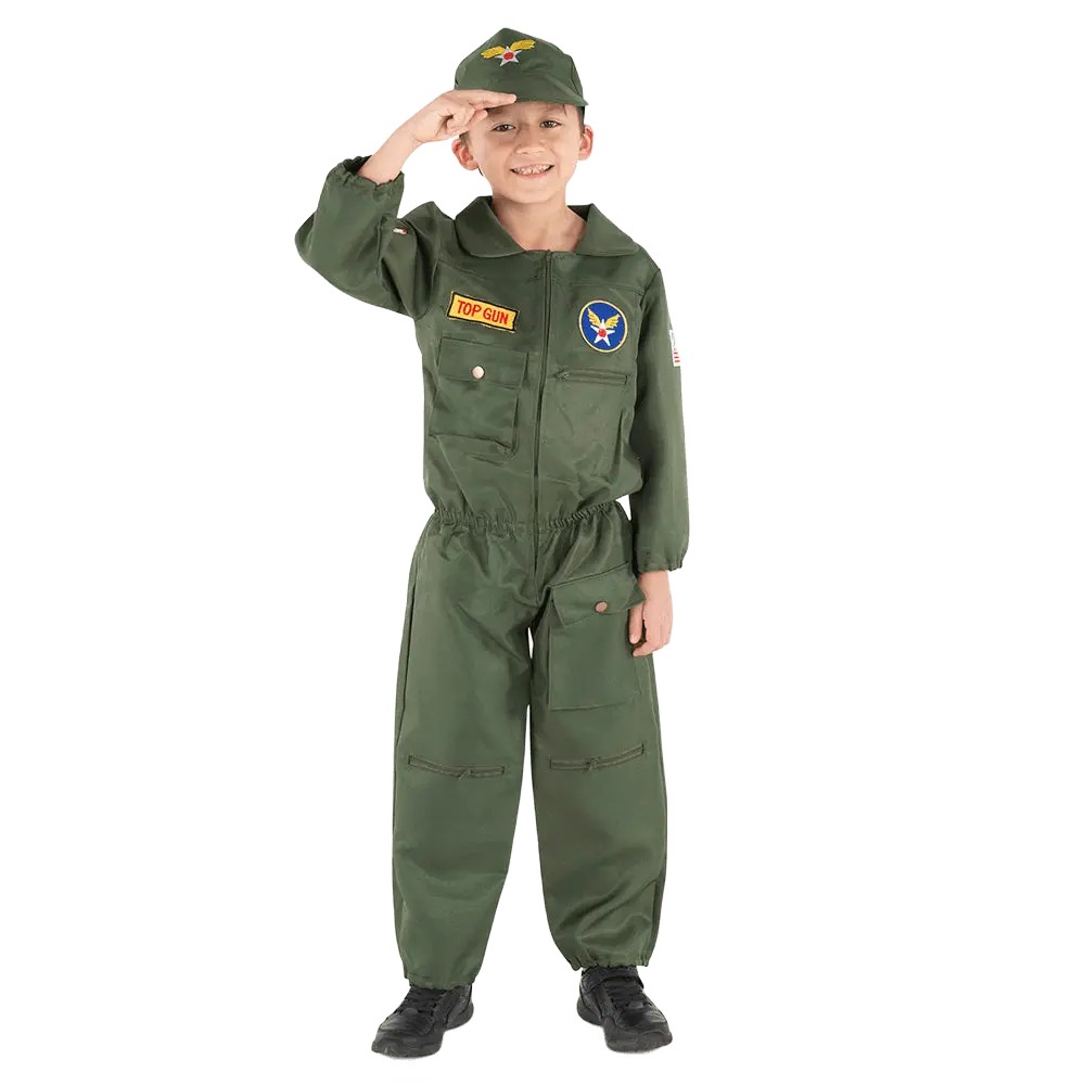 Top Gun Fighter Pilot Costume Dress For Kids - Green Jumpsuit with Embroidered Patches & Matching Cap - Boys Costume For Halloween, Role Play, Pretend Play Fun, Theme Party & Cosplay Costume Party