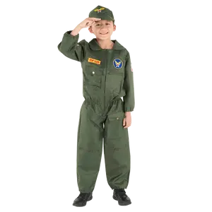Top Gun Fighter Pilot Costume Dress For Kids - Green Jumpsuit with Embroidered Patches & Matching Cap - Boys Costume For Halloween, Role Play, Pretend Play Fun, Theme Party & Cosplay Costume Party