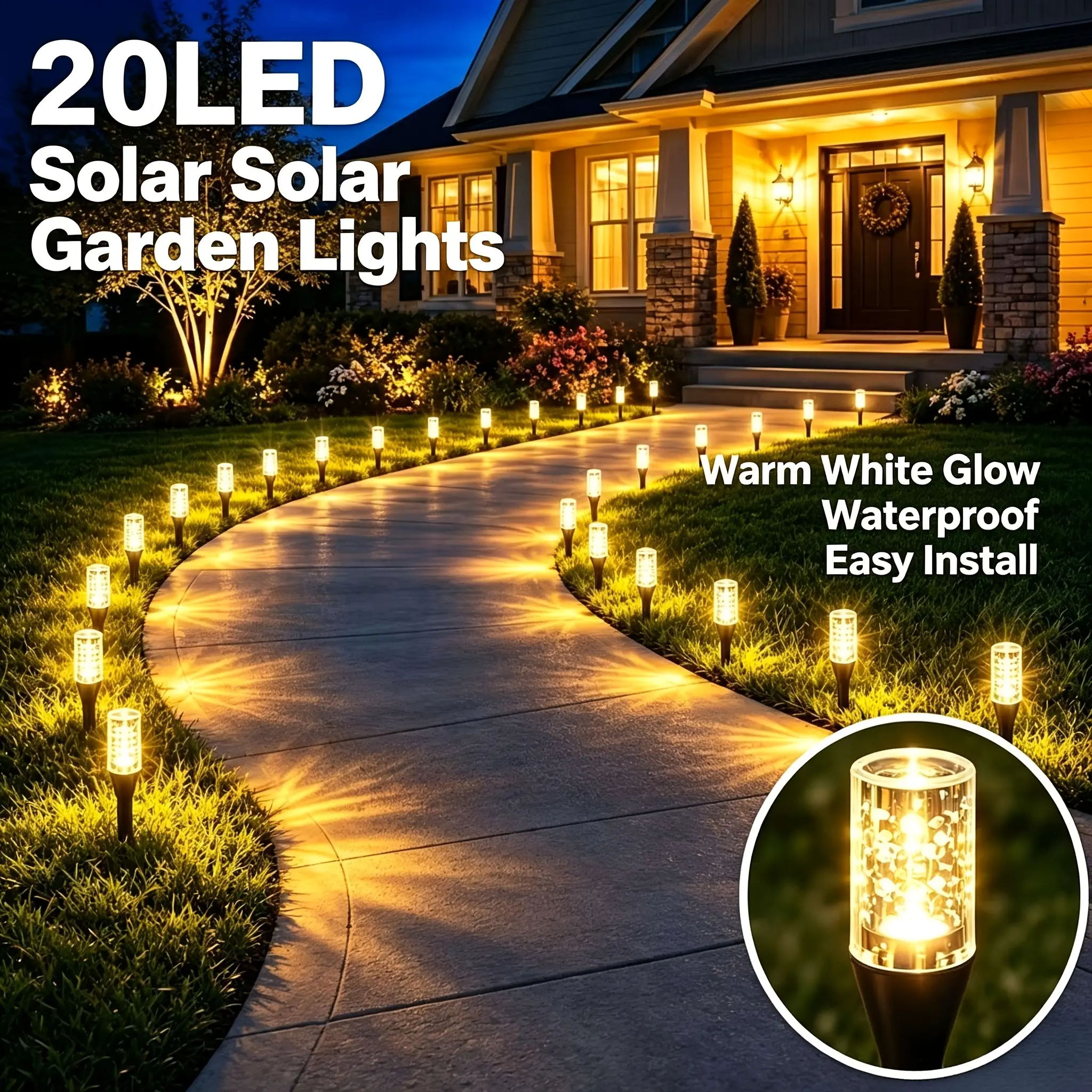 20 LED Solar Crystal Bubble Stake Lights, IP66 Waterproof Garden Path Lights with 8 Lighting Modes and Auto On/Off, Decorative Outdoor Lights for Garden, Patio, Walkway, Wedding and Party Decor