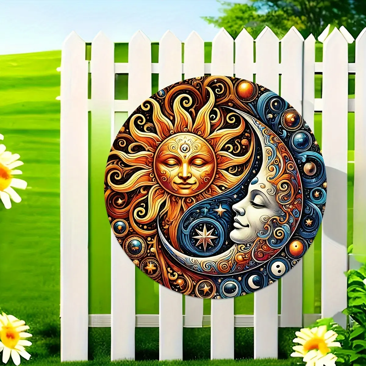 Extra Large Sun and Moon Metal Wall Decor – 40 x 40 cm (16 inches), Solar System Inspired Modern Bohemian/Minimalist/Scandinavian/Indian Style – Durable Indoor/Outdoor Decoration, Gold, Blue, Orange, Purple, Black, and White Tones – Living Room, Bedroom,