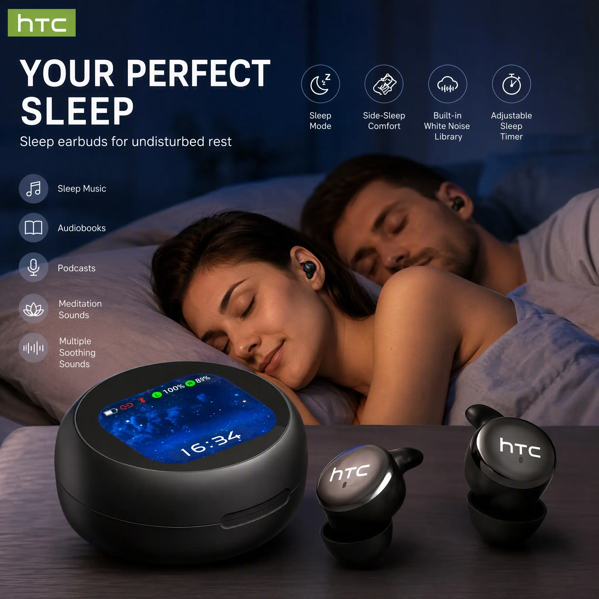 HTC NE90 Wireless   clever  Sleep Earbuds Bluetooth 6.0, AI Storytelling & 30+ White Noise Sounds for Better Sleep, Invisible Earbuds for Side Sleepers, 30H Playtime, Touch Control, HiFi Stereo Headphones,Effectively improve sleep quality