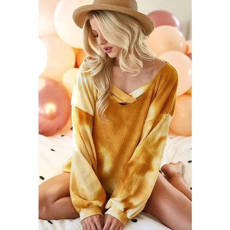 BiBi Tie Dye Thermal Waffle V Neck Top With Caged Neck